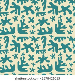 Abstract seamless pattern with Matisse inspired shapes. Nature, coral, flower symbols. Vector modern design