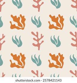 Abstract seamless pattern with Matisse inspired shapes. Nature, coral, flower symbols. Vector modern design