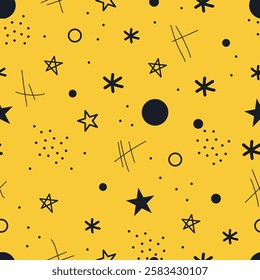 Abstract Seamless Pattern. Memphis Modern Print. Black Elements on Yellow Background. Sample can be used for Fabric, Cover, Wrapping Paper, Mugs. Vector Illustration