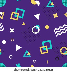 Abstract seamless pattern in Memphis style, vector illustration. Blue seamless background with geometric shapes