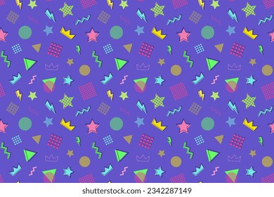 Abstract seamless pattern in memphis style, bright geometric shapes on violet background, 90s party invitation design