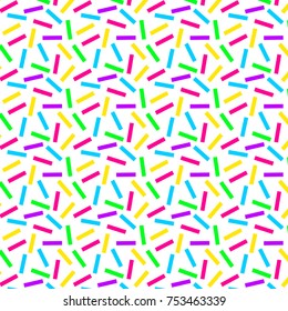 Abstract seamless pattern in memphis style with short lines.  Neon colors on the white background. For poster, printing brochure, sport wear, party, summer print, vintage textile design, banner, flyer