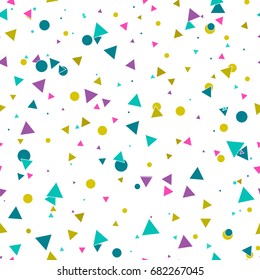 Abstract seamless pattern with messy colorful blue, gold, purple chaotic small circles, triangles on white background. Infinity dotted, triangular geometric card. Vector illustration.