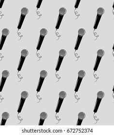Abstract seamless pattern with microphone. Music repeated backdrop for textile, clothes, wrapping paper. Monochrome wallpaper. Grey background with musical elements for song