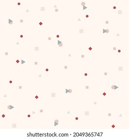 Abstract seamless pattern minimal color, red, green, pink. small circles and triangles and diamond on beige. Infinity geometric pattern. Vector illustration.