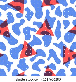 Abstract seamless pattern in minimalist style. Geometric vector background design with blue and red elements. Scattered geometric line shapes. Old style colorful simple backdrop