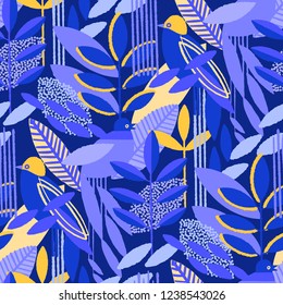 Abstract seamless pattern of minimalistic leaves and exotic birds in vibrant colors. Modern vector design