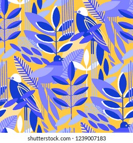 Abstract seamless pattern of minimalistic leaves and exotic birds in vibrant colors. Modern vector design