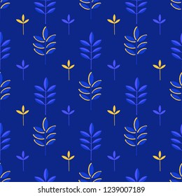 Abstract seamless pattern of minimalistic leaves in vibrant colors. Modern vector design