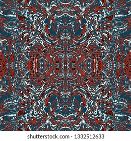 Abstract seamless pattern with mirrored symmetrical, marbled shapes in burgundy, black, cream and smoky blue.