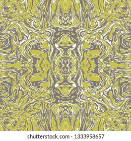 Abstract seamless pattern with mirrored symmetrical, marbled shapes in olive, grey and white.