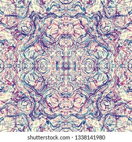 Abstract seamless pattern with mirrored symmetrical, marbled shapes in burgundy, purple, cream and smoky grey and blue.