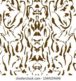 Abstract seamless pattern with mirrored symmetrical, warped stripe shapes in white and brown.