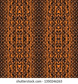 Abstract seamless pattern with mirrored symmetrical, warped stripe shapes and dots in shades of brown, orange, tan, black and white.