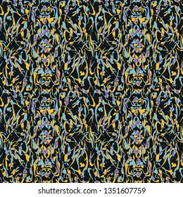 Abstract seamless pattern with mirrored symmetrical, warped stripe shapes in shades of black, aqua, yellow, lilac and purple