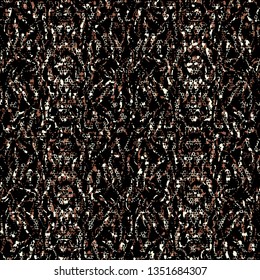 Abstract seamless pattern with mirrored symmetrical, warped, dotted stripe shapes in shades of brown,black and cream.