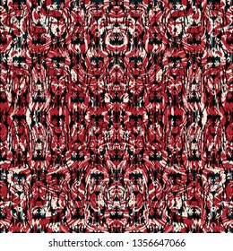 Abstract seamless pattern with mirrored symmetrical, warped stripes and splatters in shades of red, cream and black.
