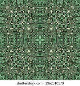 Abstract seamless pattern with mirrored symmetrical, warped stripe shapes and marbled splatter textures in shades of green, yellow and black.