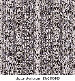 Abstract seamless pattern with mirrored symmetrical, warped stripe shapes and marbled splatter textures in shades of cream, olive and beige