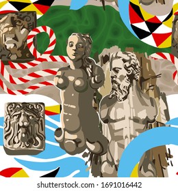Abstract seamless pattern mixed from ancient statues of man and woman, curled striped lines, lion sculptures and abstract wavy shapes over the formless structures. Inspired by Stockholm metro stations