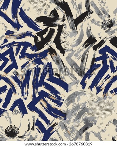 Abstract seamless pattern with a mixed-media grunge style. Features energetic blue and black brush strokes layered over distressed floral silhouettes and subtle halftone dot textures