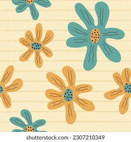 abstract seamless pattern. modern cute daisies, lines in retro style. floral, simple background 70s, 60s style. for print, social networks, paper, textiles, banner, card. art vector illustration.