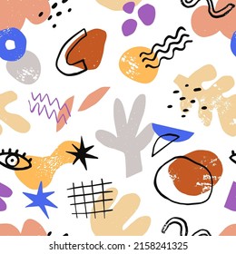 Resumen de un patrón sin fisuras con elementos modernos de doodle, formas de moda. Fondo infinito, textura con ojos, grillas, olas, líneas, hoja de impresión repetitiva. Ilustración vectorial gráfica plana de color