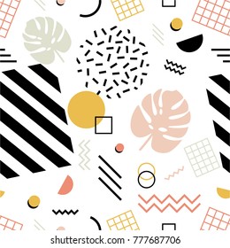 Abstract seamless pattern with modern geometric shapes, monstera leaves and lines in retro 1980s style. Endless background for fabric print, wrapping paper. Vector illustration.