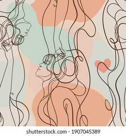Abstract seamless pattern in modern simple style. Female faces. One line drawing. Design for wrapping paper, wallpaper, fabrics and fashion clothes.