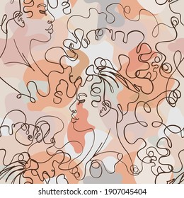 Abstract seamless pattern in modern simple style. Female faces. One line drawing. Design for wrapping paper, wallpaper, fabrics and fashion clothes.