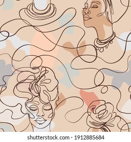 Abstract seamless pattern in modern simple style. Female faces. One line drawing. Design for wrapping paper, wallpaper, fabrics and fashion clothes.