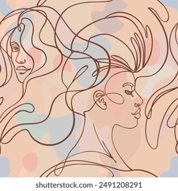 Abstract seamless pattern in modern simple style. Female faces. One line drawing. Design for wrapping paper, wallpaper, fabrics 