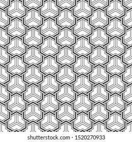 Abstract seamless pattern. Modern stylish texture. Striped linear geometric tiles with triple weaving elements and filled shapes. Vector monochrome background.