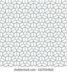 Abstract seamless pattern. Modern stylish texture. Linear style. Geometric tiles with triple hexagonal elements and circles. Vector monochrome background.