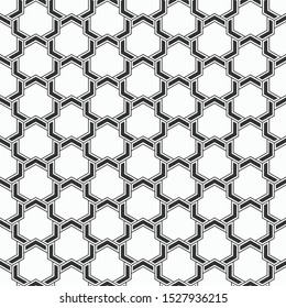 Abstract seamless pattern. Modern stylish texture. Striped linear geometric tiles with triple weaving elements and filled shapes. Vector monochrome background.