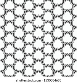 Abstract seamless pattern. Modern stylish texture. Striped linear geometric tiles with triple weaving elements and filled shapes. Vector monochrome background.