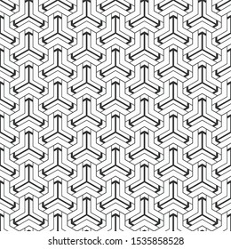 Abstract seamless pattern. Modern stylish texture. Linear style. Geometric tiles with triple hexagonal elements, filled shapes. Vector monochrome background.