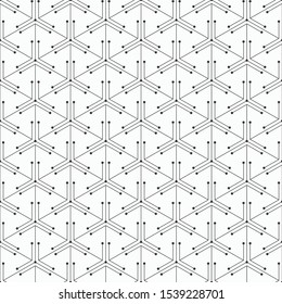 Abstract seamless pattern. Modern stylish texture. Linear trellis. Geometric tiles with triple hexagonal elements, lines with dots at the ends. Vector monochrome background.