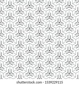 Abstract seamless pattern. Modern stylish texture. Linear style. Geometric tiles with triple hexagonal elements and dots. Vector monochrome background.