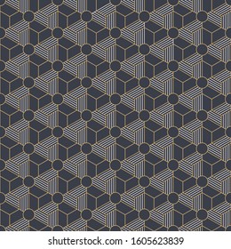 Abstract seamless pattern. Modern stylish texture. Linear style. Geometric tiles with triple hexagonal elements and circles. Striped triangles. Vector color background.