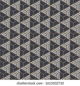 Abstract seamless pattern. Modern stylish texture. Linear style. Geometric tiles with triple hexagonal elements. Striped triangles. Vector color background based on Japanese ornament Kumiko.