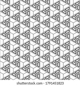 Abstract seamless pattern. Modern stylish texture. Linear trellis. Geometric tiles with triple hexagonal elements, triangles. Filled shapes. Vector monochrome background.