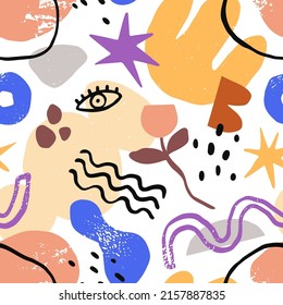 Abstract seamless pattern with modern trendy elements. Creative background with random shapes, flowers, cute eyes. Fabric texture design with funny repeating print. Colored flat vector illustration