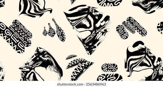 Abstract seamless pattern with a modern tribal touch. Dramatic animal silhouettes combined with geometric motifs create a strong and mysterious impression. Vector illustration