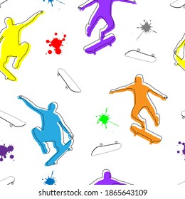 Abstract seamless pattern. Modern urban style. Multicolored skateboarders, blot and skate on white background.
