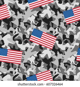 Abstract seamless pattern, monochrome camouflage with flags of the state.Military style. Creative vector background with dots, geometric figures.Funny wallpaper for textile and fabric. Fashion style. 
