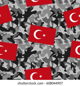 Abstract seamless pattern, monochrome camouflage with flags of the state.Military style. Creative vector background with dots, geometric figures.Funny wallpaper for textile and fabric. Fashion style.