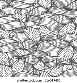 Abstract seamless pattern with monochrome leaves. Hand-drawn wavy style. Endless texture can be used for textile products, wrapping, packaging etc.