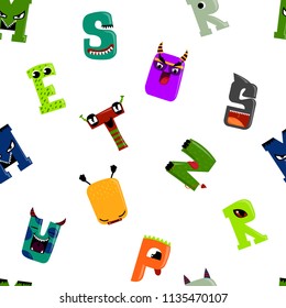 Abstract seamless pattern with monster letters. Cartoon doodle character mutant letters repeated backdrop for boy, textile, wrapping paper. Childish lettering abc repetitive ornament. 