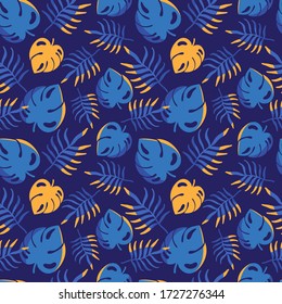 Abstract seamless pattern of monstera and tropical palm leaves. Exotic Botanical background with jungle plants. Hand drawn nature wallpaper. Vector illustration. Decorative textile, wrapping paper